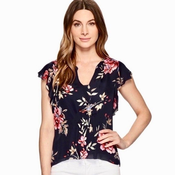 Premise Studio navy floral flutter sleeve Vneck top size small - Picture 1 of 8